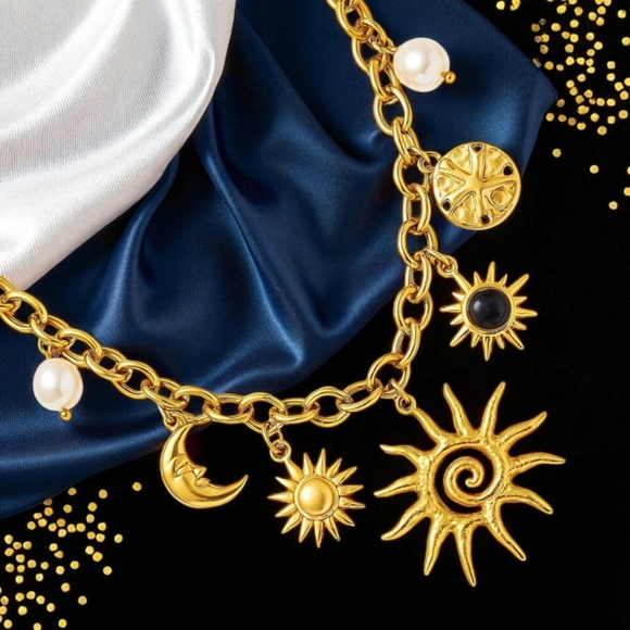 ๐๏ธ Boho Celestial 18K Gold Plated Sun Moon Charm Necklace 316L Stainless Steel - Picture 5 of 9